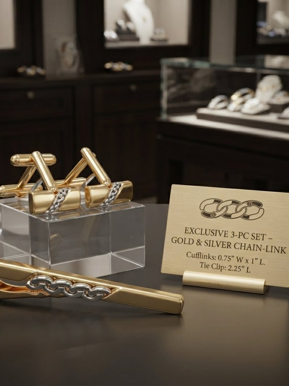Gold-Tone & Silver-Tone Chain-Link 3-Piece Cufflink and Tie Clip Set